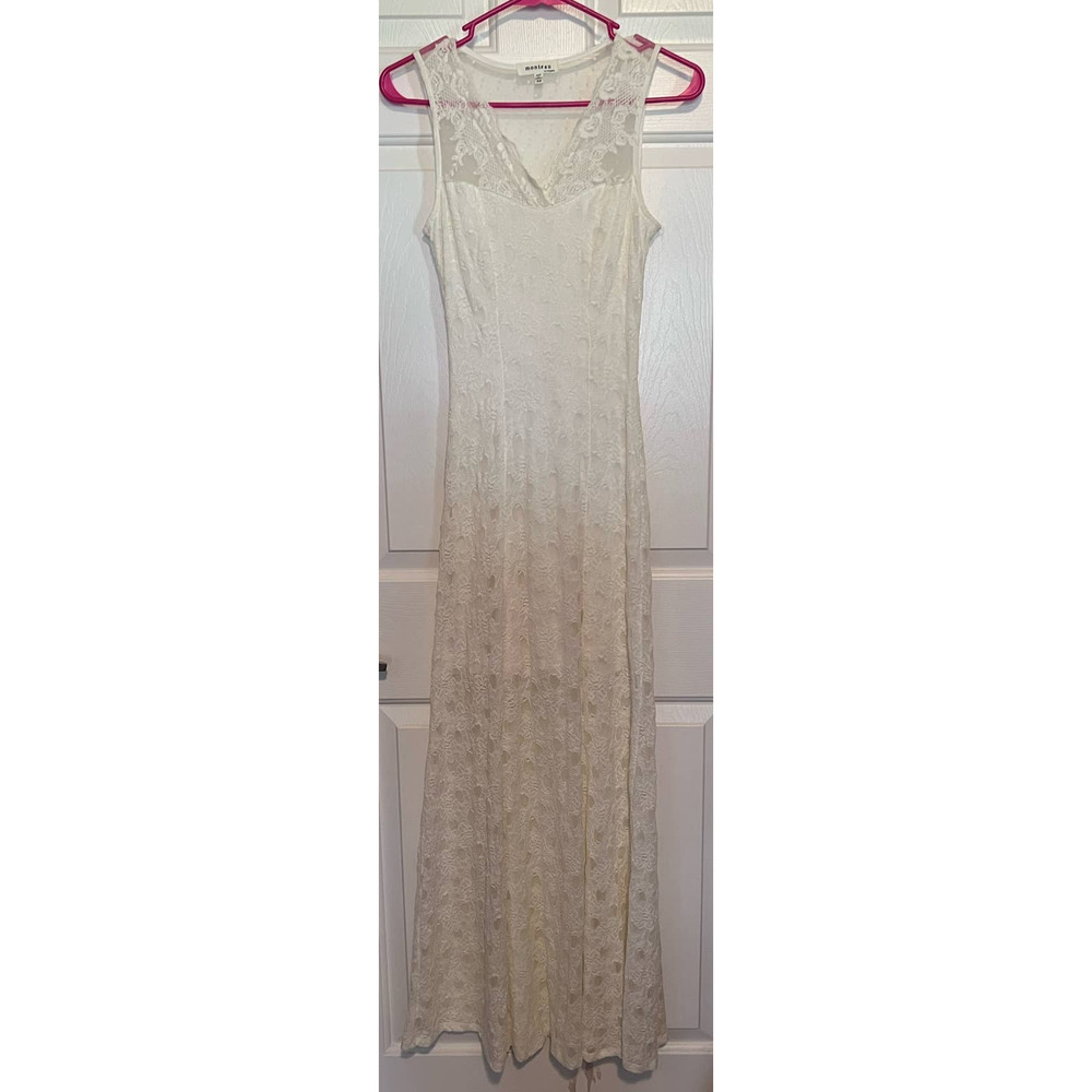 Monteau‎ Los Angeles Women's Sleeveless Cream V-Neck Maxi Lace Dress Size XS